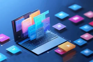 Dgitales Bild, auf dem Informationen auf einen Computer einströmen
