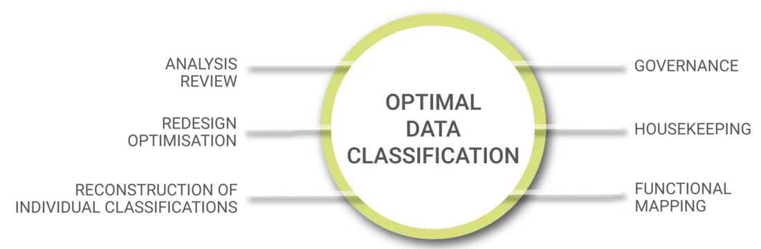 Grafik, die die Bereiche des optimalen Datenmappings darstellt. Analyse, Redesign und Optimierung, Neuaufbau individueller Klassifikationen, Governance, Housekeeping, fachliches Mapping.