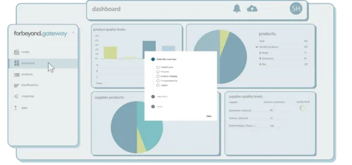 Dashboard mit Exportfunktion, Auswahlmenü für Datenformate und Diagrammen zur Produkt- und Lieferantenqualität
