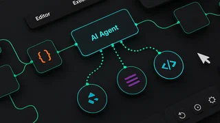 Zu sehen ist ein Schaubild eines KI-Workflows, der einen KI-Agenten steuert.
