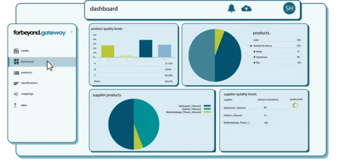 Dashboard-Ansicht mit Diagrammen zur Datenqualität, Produktkategorien und Lieferantenübersicht