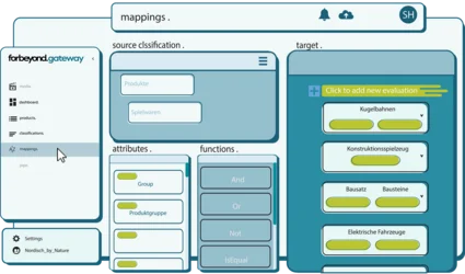 Mapping-Dashboard mit Kategorien, Attributen und Funktionen zur Datenklassifikation und Transformation