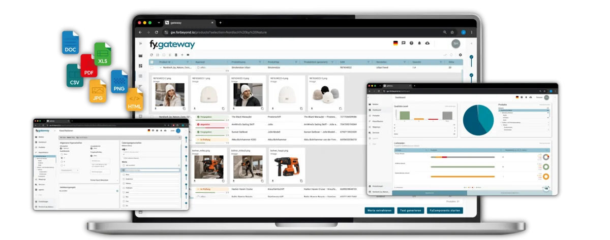 Collage mit verschiedenen Screens des Product Data Onboarding Portals forbeyond.gateway..