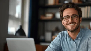 Junger Mann sitzt in einer Bürolocation vor einer Bücherwand. Aufgeklappter Laptop vor ihm. Er strahlt freundlich.