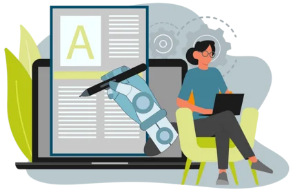 Illustration, die zeigt, wie eine Person am Laptop arbeitet, während die KI nebenbei automatisch einen Text erstellt.