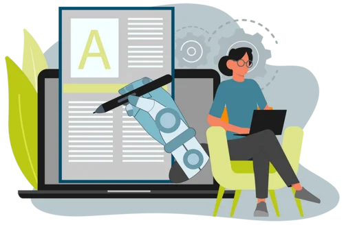 Illustration, die zeigt, wie eine Person am Laptop arbeitet, während die KI nebenbei automatisch einen Text erstellt.