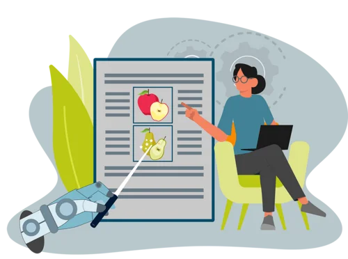 Illustration, die zeigt, wie die KI automatisch Produktdaten in unterschiedliche Klassifikationen überträgt, während eine Person an einer kreativen Aufgabe arbeitet.