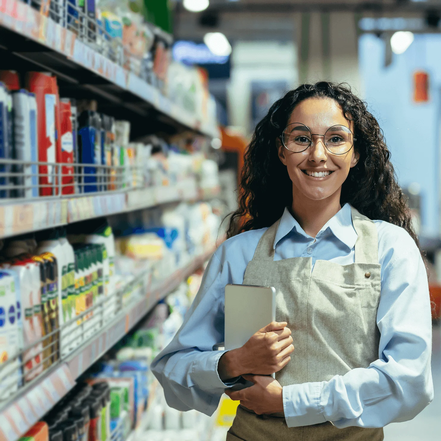 Mitarbeiterin in einer Drogerie steht vor einem Regal.