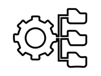 Icon eines Zahnrades mit Verbindung zu 3. Ordnern um dean Begriff Datenmanagement darzustellen.