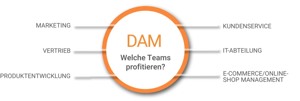 Grafik, die darstellt, welche Teams einer Firma von einem DAM(DIGITAL ASSET MANAGER) profitieren.