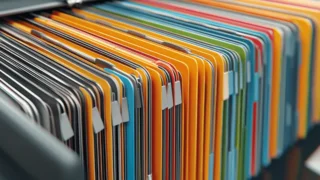 Farbige Hängemappen in einem offenen Aktenschrank