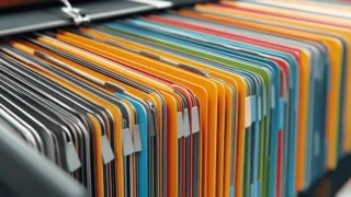 Farbige Hängemappen in einem offenen Aktenschrank