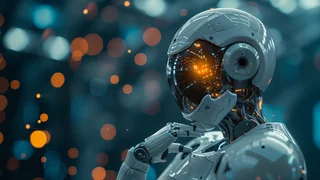 Humanoider Roboter in nachdenklicher Pose vor einem unscharfen Hintergrund.