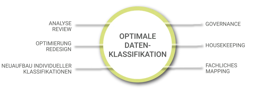 Grafik, die die Bereiche des optimalen Datenmappings darstellt. Analyse, Redesign und Optimierung, Neuaufbau individueller Klassifikationen, Governance, Housekeeping, fachliches Mapping. 